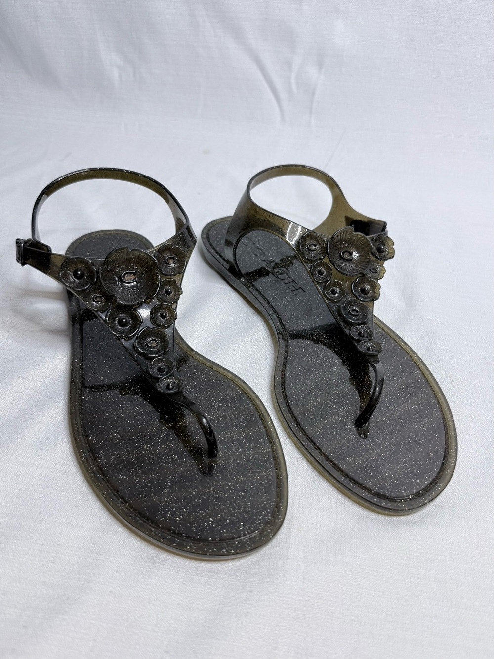 Coach Thong Jelly Sandal Tea Rose T-Strap Flat Shoe Black/Glitter  Size 11
